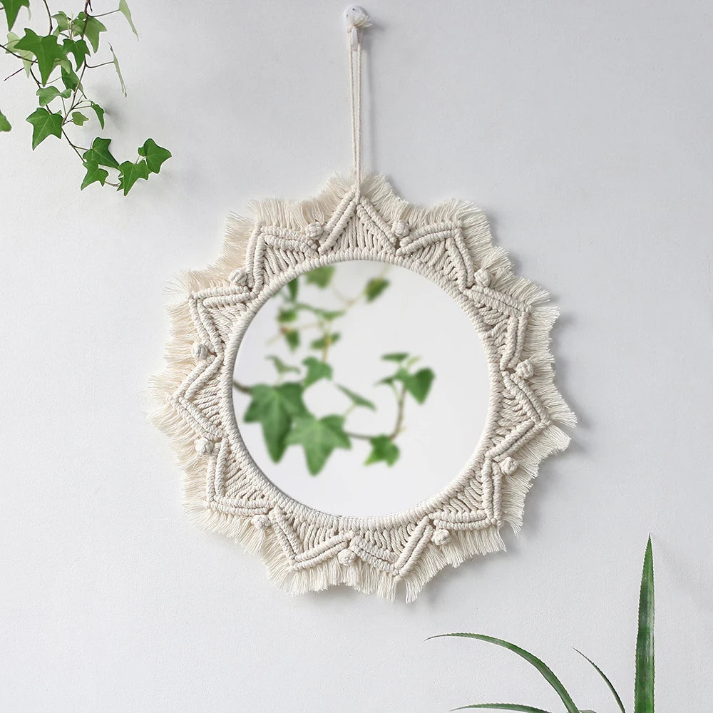 Boho Macrame Round Wall Mirror – Decorative Hanging Mirror for Bedroom & Living Room - Natural Knotted Sun