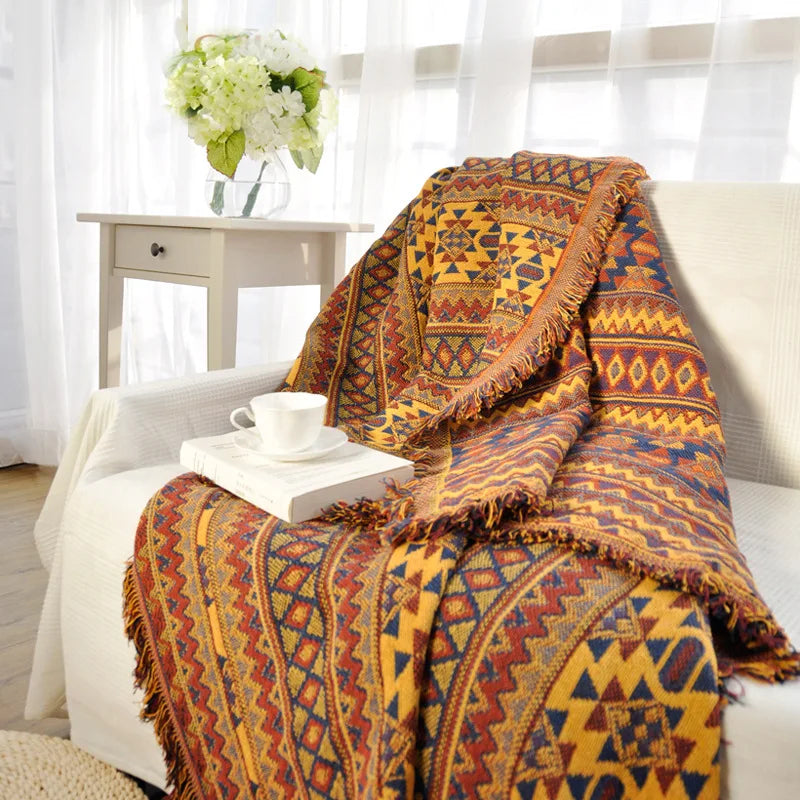 Boho Chenille Woven Colorful Aztec Throw Blanket - Rust