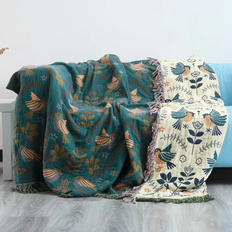 100% Cotton Muslin Throw – Soft, Lightweight & Boho-Chic Blanket - Orange & Purple Shapes