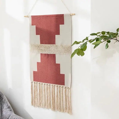 Boho Geometric Canvas Wall Tapestry – Handmade Cotton Macrame with Tassels