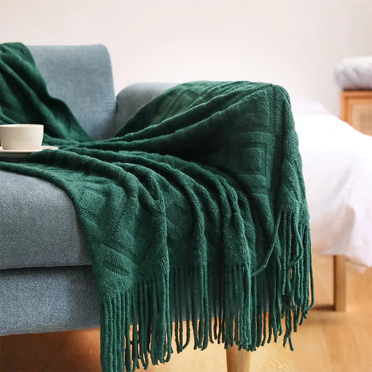 Diamond Cashmere Sofa Blanket – Thick Winter Knitted Throw with Tassels