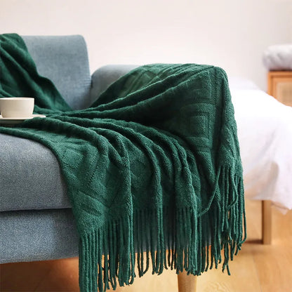 Diamond Cashmere Sofa Blanket – Thick Winter Knitted Throw with Tassels