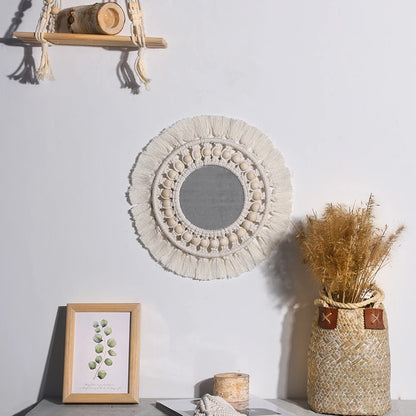 Boho Macrame Round Wall Mirror – Decorative Hanging Mirror for Bedroom & Living Room - Natural Knotted Sun