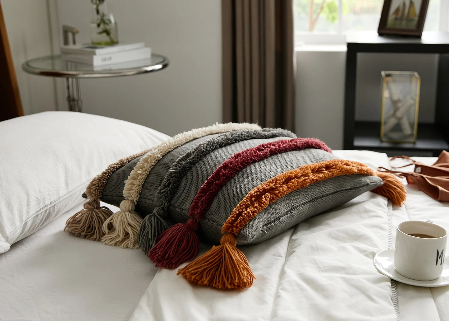 Boho Striped Tufted Cushion Cover – Knitted Throw Pillow Case with Tassels - Clay