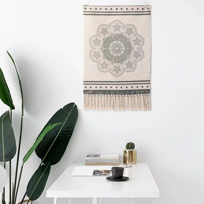 Boho Geometric Canvas Wall Tapestry – Handmade Cotton Macrame with Tassels