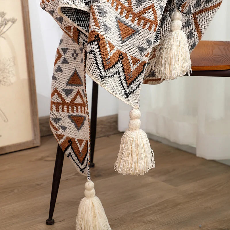 Geometric Boho Knit Throw Blanket With Tassels