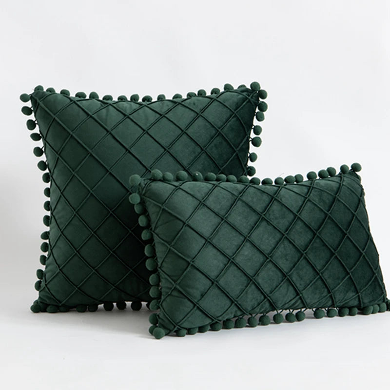 Velvet Crisscross Throw Pillow Cover with Pompoms – Boho Home Decor Accent