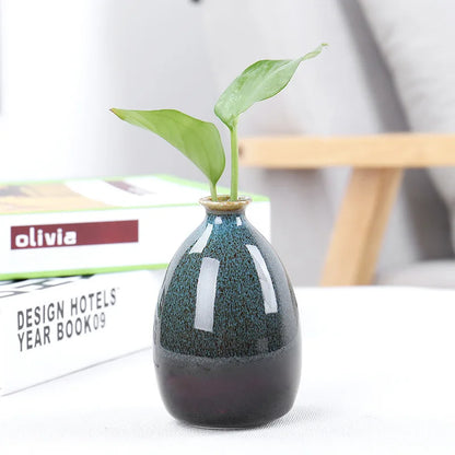 Decorative vase with a plant on a surface with a blurred background