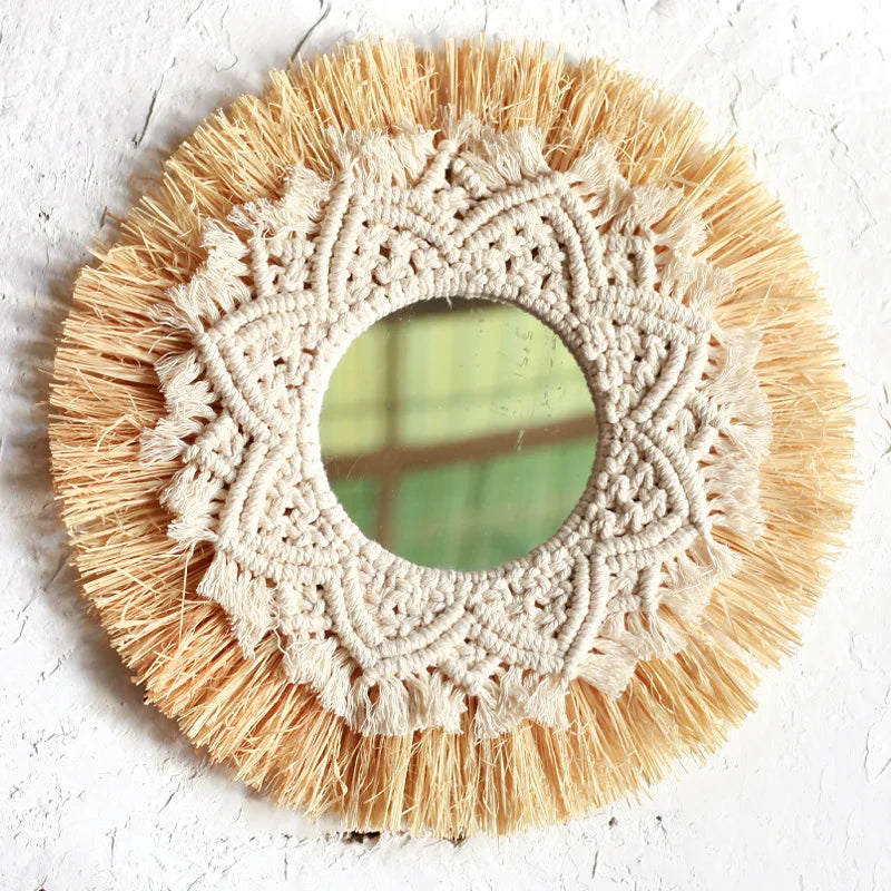 Round mirror with macrame design on a textured white background boho home decor, boho wall mirror, macrame wall mirror, nordic decor, romantic wedding wall decoration, housewarming gift, round straw mirror, woven wall decor, tapestry mirror, boho bedroom wall accent, rustic mirror wall hanging