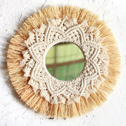 Round mirror with macrame design on a textured white background boho home decor, boho wall mirror, macrame wall mirror, nordic decor, romantic wedding wall decoration, housewarming gift, round straw mirror, woven wall decor, tapestry mirror, boho bedroom wall accent, rustic mirror wall hanging