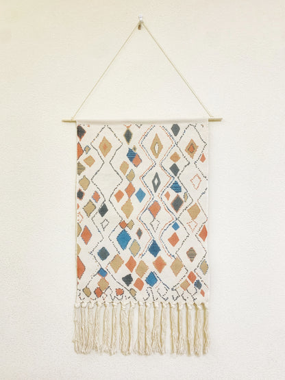 Boho Geometric Canvas Wall Tapestry – Handmade Cotton Macrame with Tassels