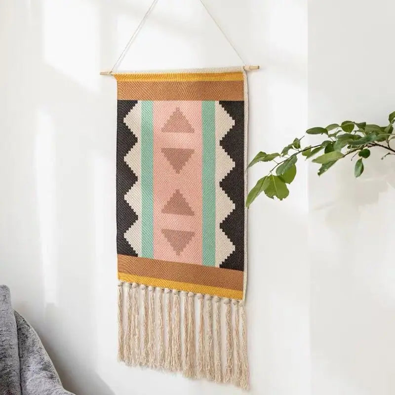 Boho Geometric Canvas Wall Tapestry – Handmade Cotton Macrame with Tassels