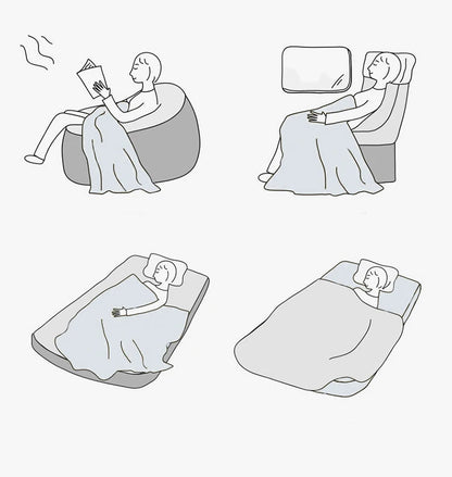 Illustrations of a person in various positions with a blanket, including sitting, lying on a couch, and sleeping. Bohemian cotton gauze quilted bedspread in 4-layer muslin, breathable summer blanket for bed or sofa, lightweight soft throw in assorted colors and patterns. My Boho Home. 