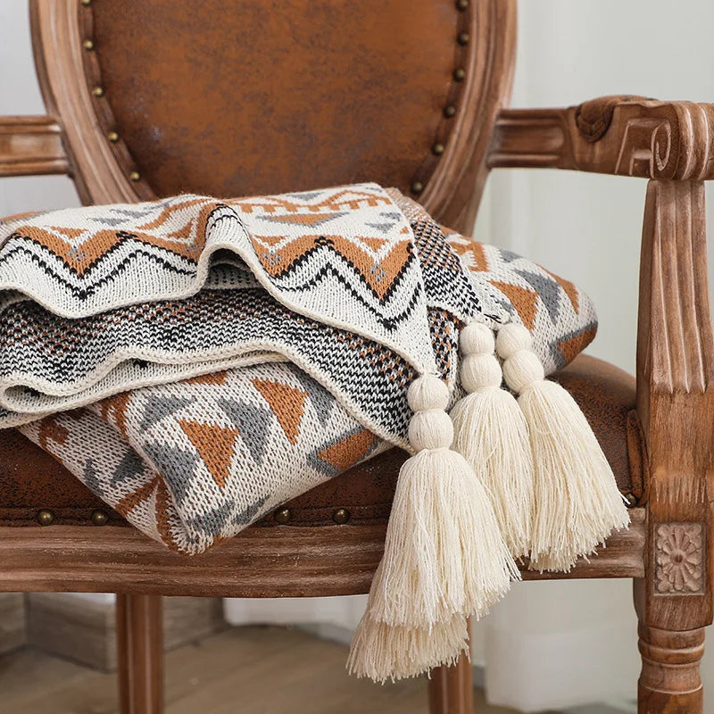 Geometric Boho Knit Throw Blanket With Tassels