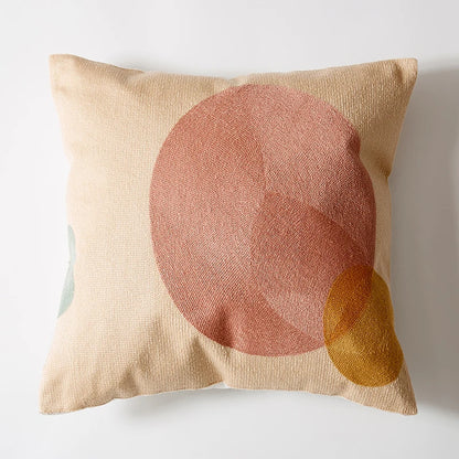 Decorative pillow with a pink circle and yellow droplet on a beige background Colorful abstract geometric embroidered cushion cover in cotton blend, decorative pillowcase for living room, kids’ room, or boho home decor.