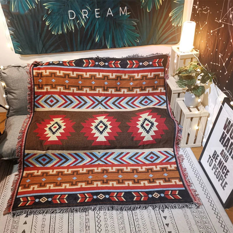 Boho geometric Aztec throw blanket with tassels, featuring earthy tones and a woven texture—perfect for cozy home decor.