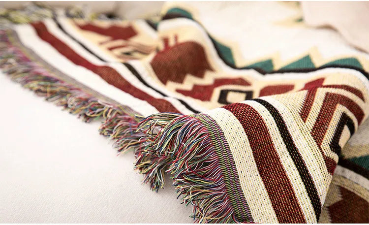 Boho Chenille Woven Colorful Aztec Throw Blanket - Rust