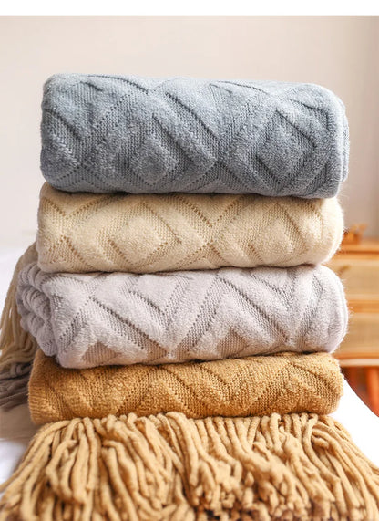 Diamond Cashmere Sofa Blanket – Thick Winter Knitted Throw with Tassels
