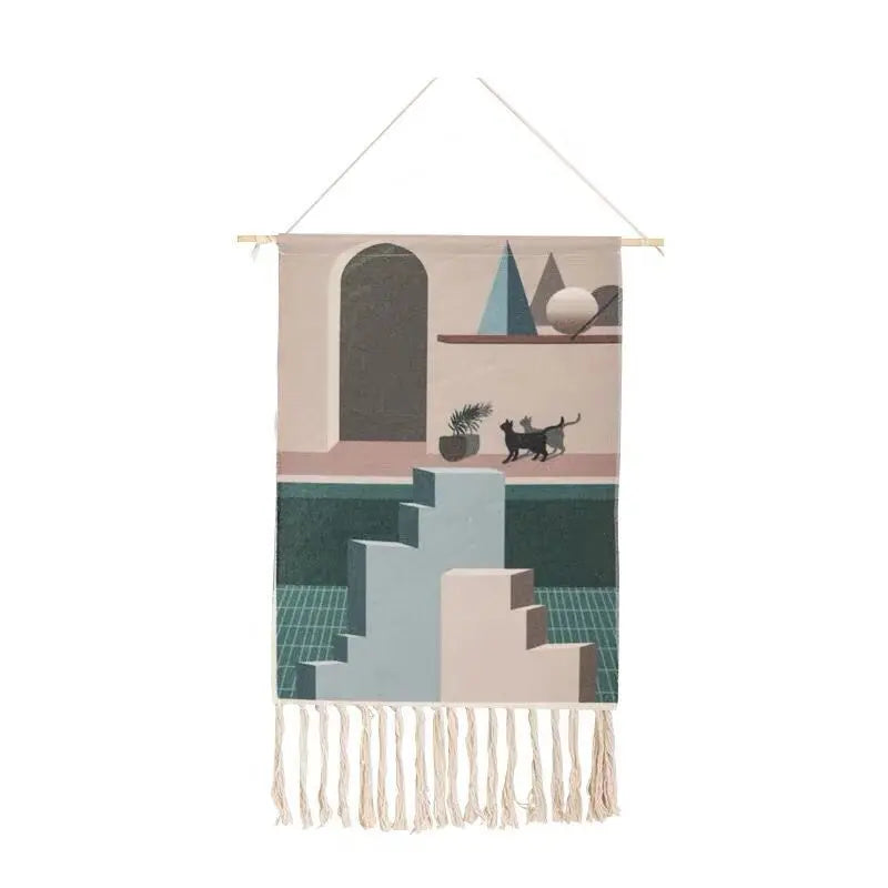 Boho Geometric Canvas Wall Tapestry – Handmade Cotton Macrame with Tassels