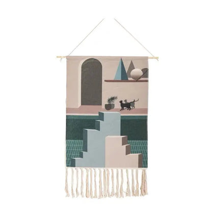 Boho Geometric Canvas Wall Tapestry – Handmade Cotton Macrame with Tassels