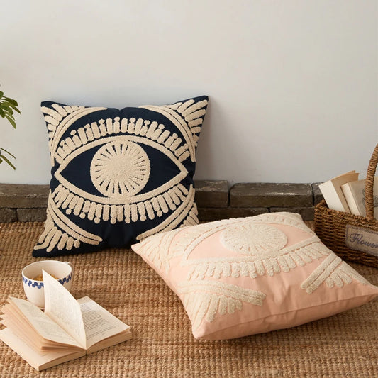 Evil Eye Embroidered Cotton Cushion Cover