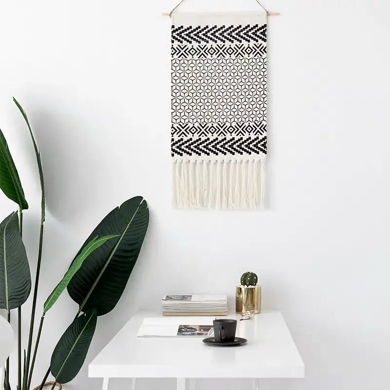 Boho Geometric Canvas Wall Tapestry – Handmade Cotton Macrame with Tassels