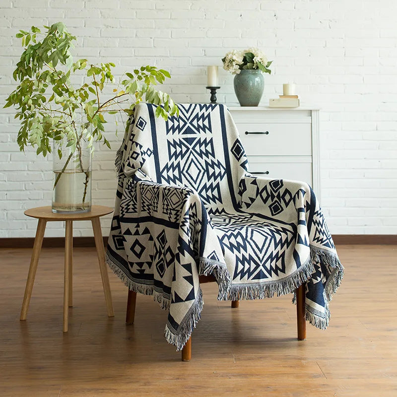 Boho Chenille Woven Colorful Aztec Throw Blanket Geometric 