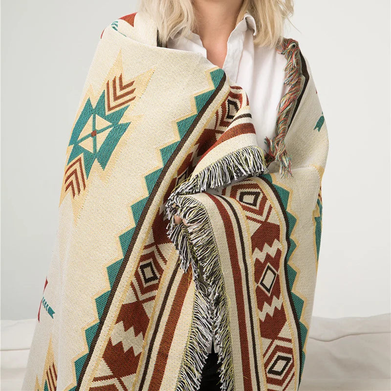 Boho geometric Aztec throw blanket with tassels, featuring earthy tones and a woven texture—perfect for cozy home decor