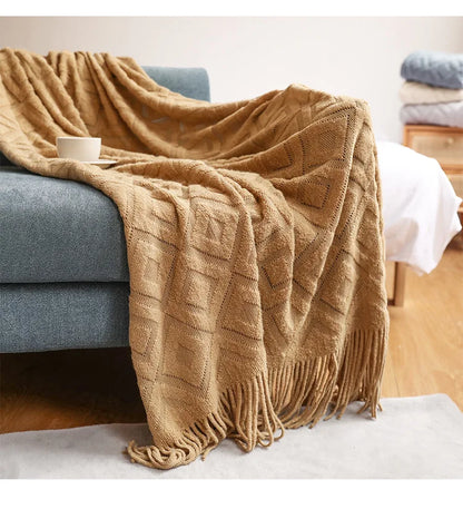 Diamond Cashmere Sofa Blanket – Thick Winter Knitted Throw with Tassels