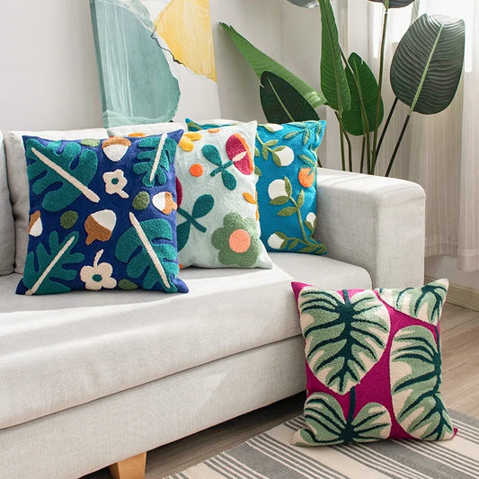 Color Block Floral Embroidered Cushion Cover – Boho Throw Pillow Cover for Boho Home Decor