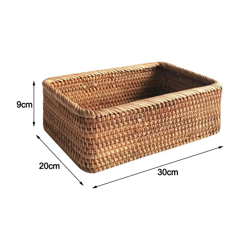 Woven rectangular basket with dimensions on a white background boho home decor, rattan basket, handwoven wicker basket, fruit storage box, bread basket, picnic basket, natural storage bin, tea storage box, rustic home organization, farmhouse decor, housewarming gift, boho storage basket
