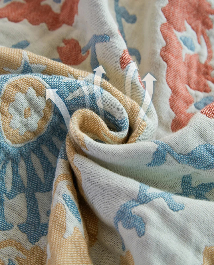 Close-up of patterned fabric with blue, orange, and beige colors. Bohemian cotton gauze quilted bedspread in 4-layer muslin, breathable summer blanket for bed or sofa, lightweight soft throw in assorted colors and patterns. My Boho Home. 