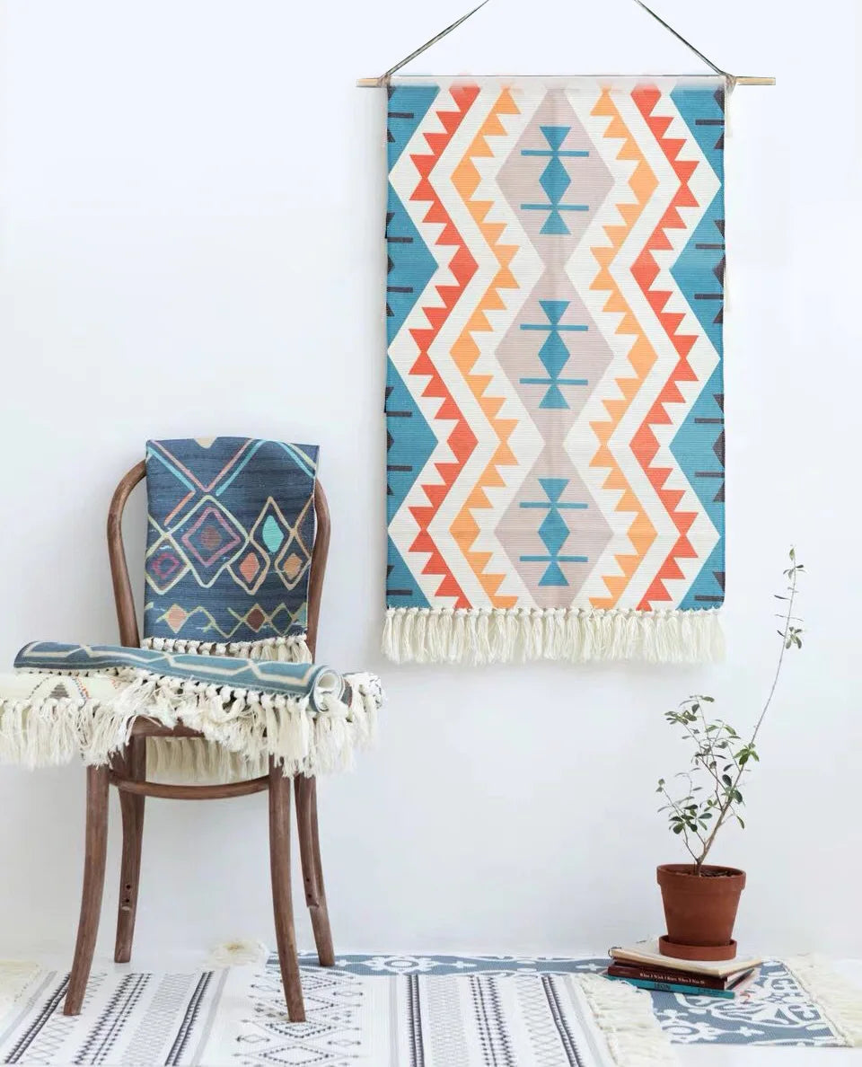 Boho Geometric Canvas Wall Tapestry – Handmade Cotton Macrame with Tassels