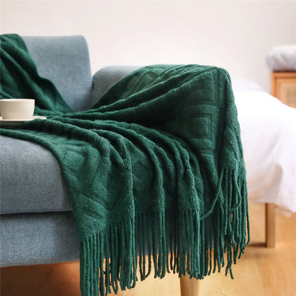 Diamond Cashmere Sofa Blanket – Thick Winter Knitted Throw with Tassels