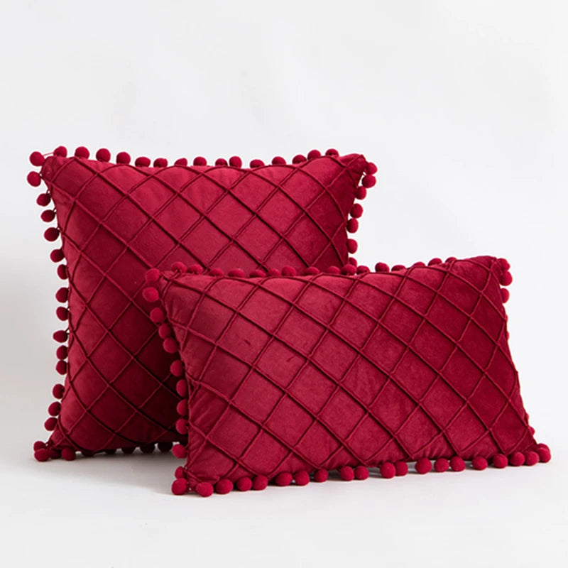 Velvet Crisscross Throw Pillow Cover with Pompoms – Boho Home Decor Accent