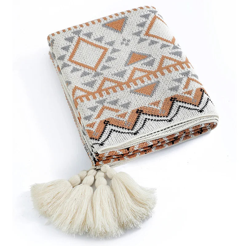 Geometric Boho Knit Throw Blanket With Tassels