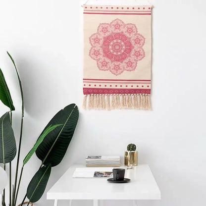 Boho Geometric Canvas Wall Tapestry – Handmade Cotton Macrame with Tassels