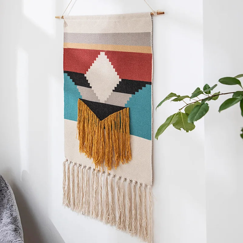 Boho Geometric Canvas Wall Tapestry – Handmade Cotton Macrame with Tassels