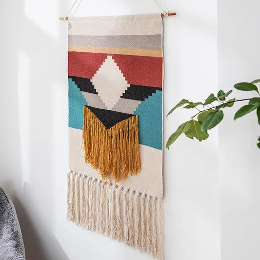 Boho Geometric Canvas Wall Tapestry – Handmade Cotton Macrame with Tassels