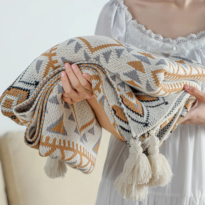 Geometric Boho Knit Throw Blanket With Tassels