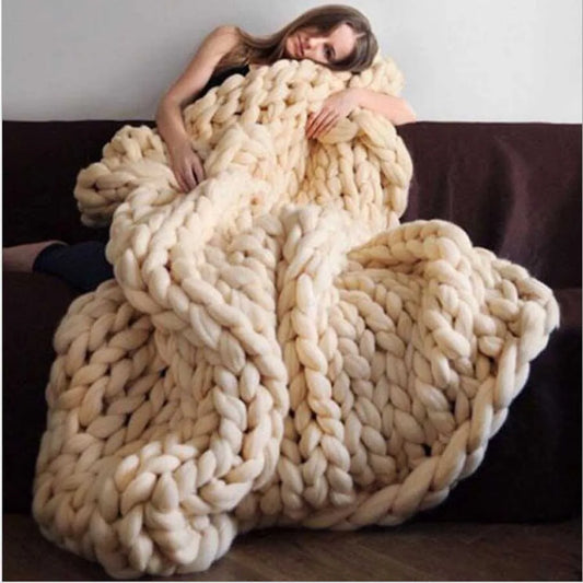 Chunky Knit Merino Wool Blanket – Cozy Boho Home Decor Throw for Sofa & Bed