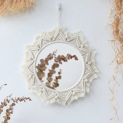 Boho Macrame Round Wall Mirror – Decorative Hanging Mirror for Bedroom & Living Room - Natural Knotted Sun