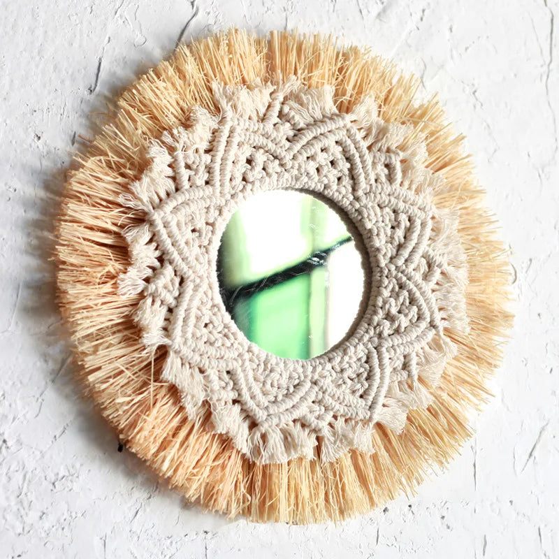 Round mirror with macrame frame on a textured white background boho home decor, boho wall mirror, macrame wall mirror, nordic decor, romantic wedding wall decoration, housewarming gift, round straw mirror, woven wall decor, tapestry mirror, boho bedroom wall accent, rustic mirror wall hanging