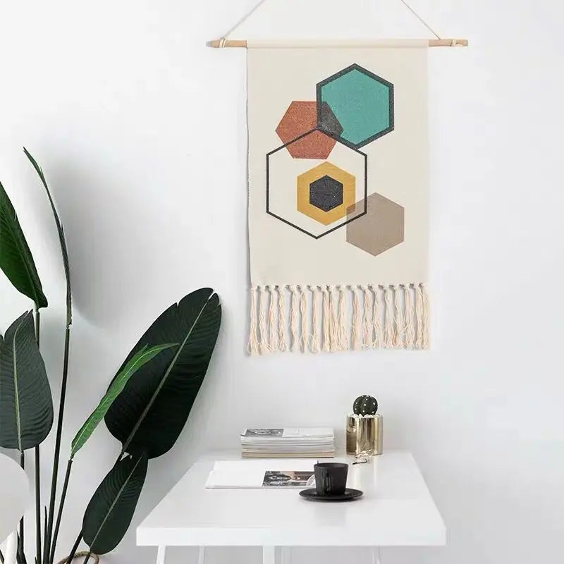 Boho Geometric Canvas Wall Tapestry – Handmade Cotton Macrame with Tassels