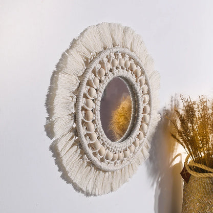 Boho Macrame Round Wall Mirror – Decorative Hanging Mirror for Bedroom & Living Room - Natural Knotted Sun