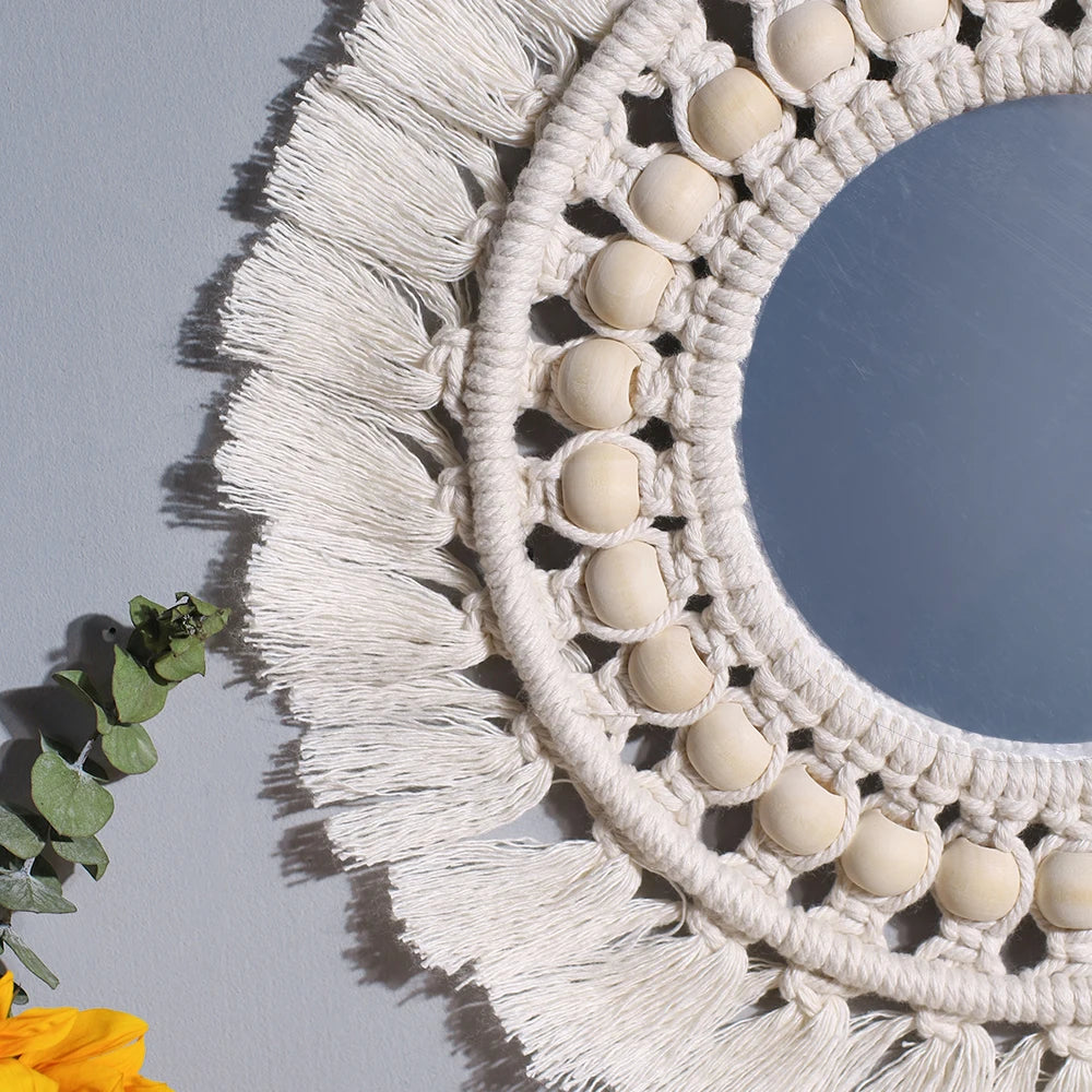 Boho Macrame Round Wall Mirror – Decorative Hanging Mirror for Bedroom & Living Room - Natural Knotted Sun