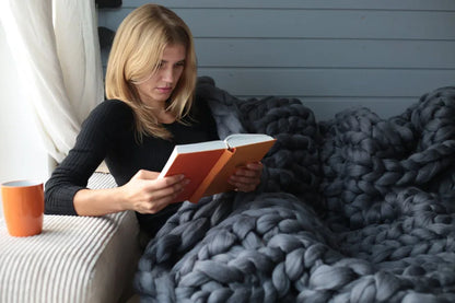 Chunky Knit Merino Wool Blanket – Cozy Boho Home Decor Throw for Sofa & Bed
