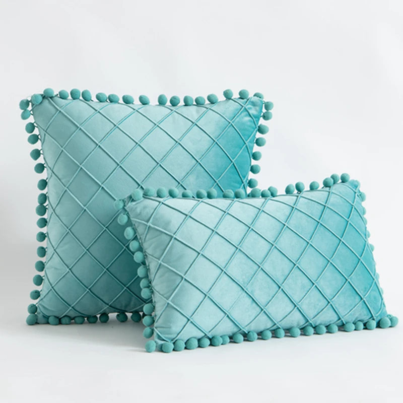 Velvet Crisscross Throw Pillow Cover with Pompoms – Boho Home Decor Accent