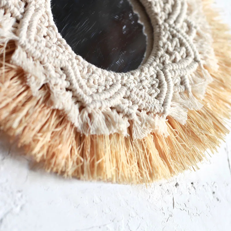 Decorative mirror with macrame frame and natural fiber border on a white background boho home decor, boho wall mirror, macrame wall mirror, nordic decor, romantic wedding wall decoration, housewarming gift, round straw mirror, woven wall decor, tapestry mirror, boho bedroom wall accent, rustic mirror wall hanging