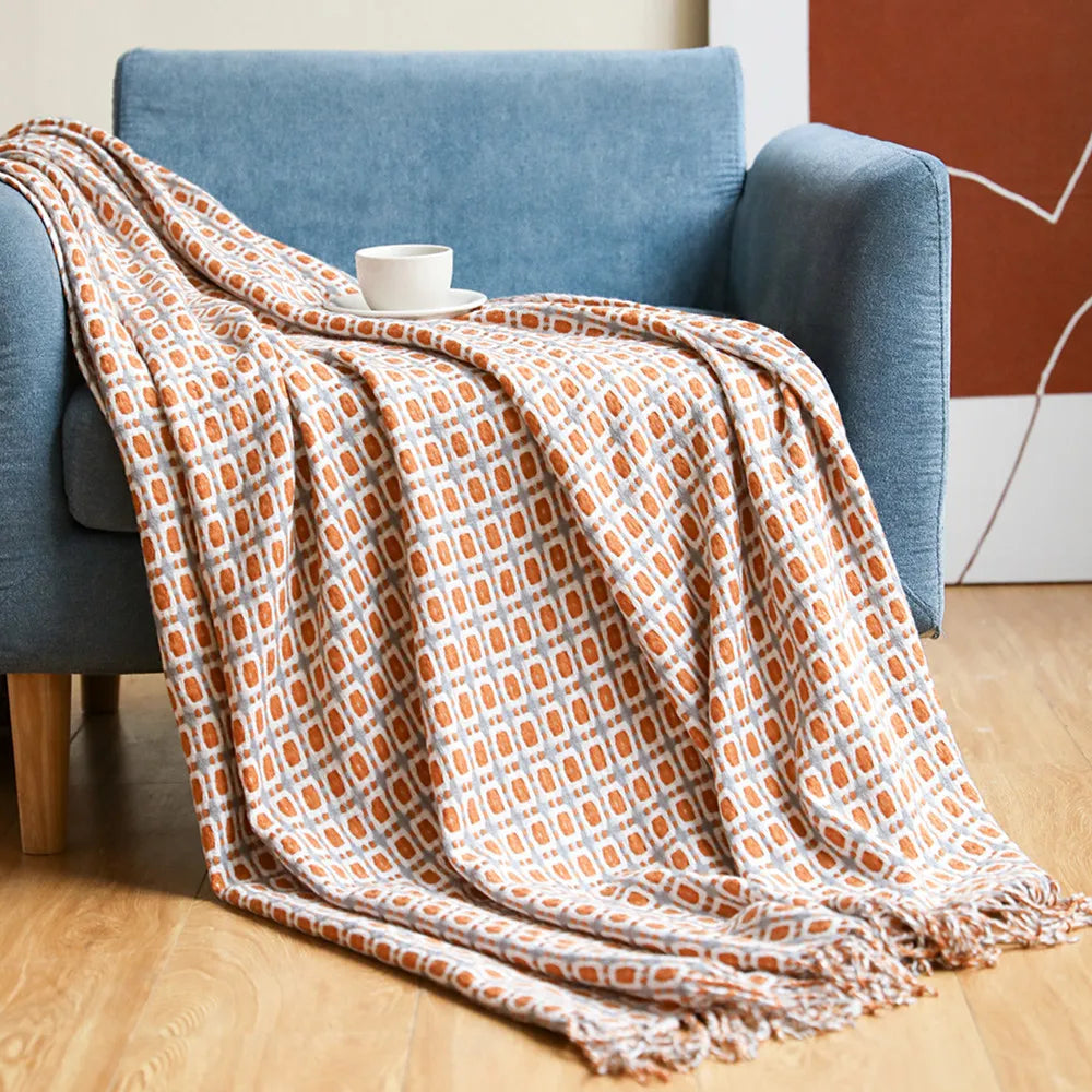 Textile Knitted Checkered Throw Blanket – Soft Acrylic with Tassels